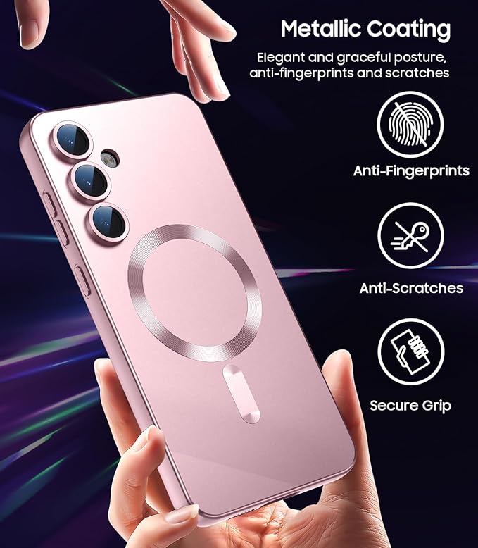 Magnetic for Samsung Galaxy S25 Plus Case [Compatible with MagSafe][Built-in Camera Lens Protector] Slim Soft Silicone Bumper Shockproof Metallic Luster Phone Shell (Rose Gold)