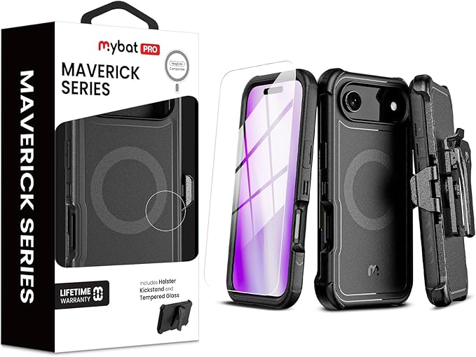 M MYBAT PRO for iPhone Air Case with Belt Clip Holster, [Compatible with Magsafe] w/Screen Protector, Anti-Drop, Shockproof, w 360°Rotating Kickstand,Heavy Duty Protection (Black)