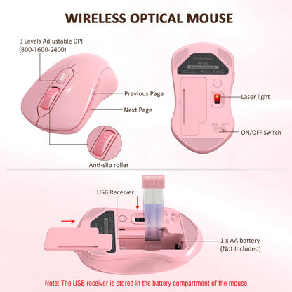 Wireless Keyboard and Mouse Combo, EDJO 2.4G Full-Sized Ergonomic Computer Keyboard with Wrist Rest and 3 Level DPI Adjustable Wireless Mouse for Windows, Mac OS Desktop/Laptop/PC (Pink)