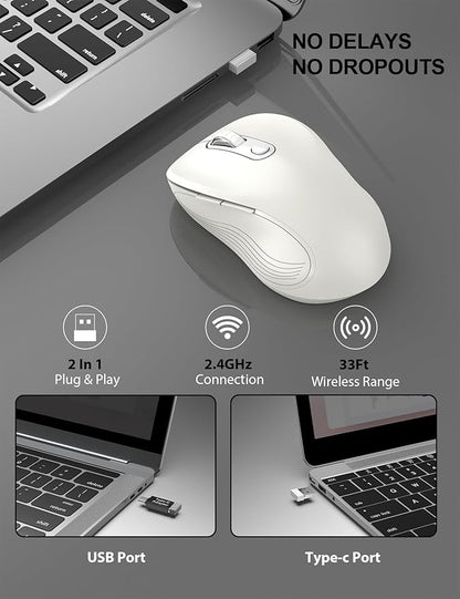 Trueque Wireless Mouse for Laptop, 2.4GHz Ergonomic Computer Mouse with Back & Forward Buttons, 3-Level DPI, 6 Buttons, Optical USB Cordless Mice for Windows Chromebook MacBook PC (Pure White)