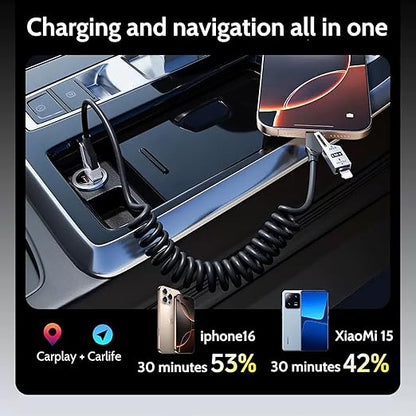 65W 4-in-1 Retractable Fast Charging Cable, 2M/6.5ft Spring Coiled USB-C to L/USB-C/USB-A Multi-Device Cord for iPhone 15/14/13, iPad, Samsung, MacBook, Laptop, Car, Tablet