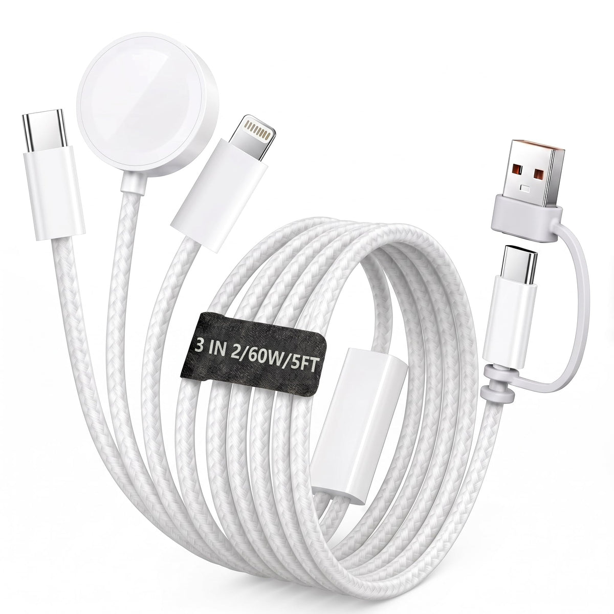 【60W 5FT】for Apple Watch Charger Fast Charging, 3-in-2 Multi Charging Cable, Nylon Braided USB C/L iWatch Charger Cord for iWatch Series Ultra 3/2/SE/11/10/9/8/7/6/5, iPhone 17 15 16 Pro Max/14/13/12