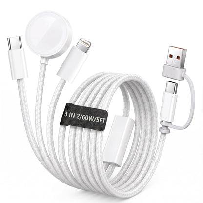 【60W 5FT】for Apple Watch Charger Fast Charging, 3-in-2 Multi Charging Cable, Nylon Braided USB C/L iWatch Charger Cord for iWatch Series Ultra 3/2/SE/11/10/9/8/7/6/5, iPhone 17 15 16 Pro Max/14/13/12
