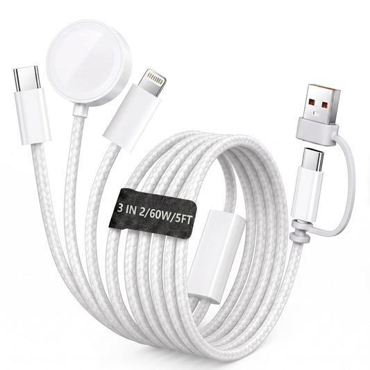 【60W 5FT】for Apple Watch Charger Fast Charging, 3-in-2 Multi Charging Cable, Nylon Braided USB C/L iWatch Charger Cord for iWatch Series Ultra 3/2/SE/11/10/9/8/7/6/5, iPhone 17 15 16 Pro Max/14/13/12