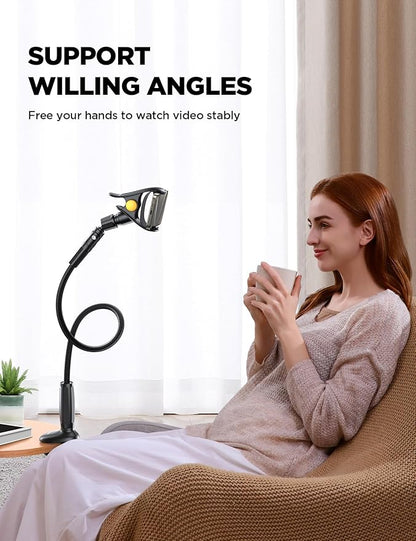 JOYROOM Gooseneck Phone Holder for Bed, [Upgrade Safety Lock] Flexible Long Arm Phone Stand, 720° Adjustable Desk Clamp Clip Phone Mount for iPhone 16 & All 4-7" Devices