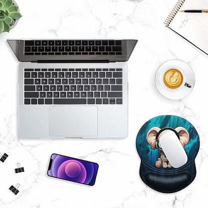 ITNRSIIET Ergonomic Mouse Pad with Gel Wrist Support Small Wrist Rest Smooth Surface Non-Slip PU Base Comfortable Office Supplies Pain Relief, 8.7 x 7.2 inches, Pretty Elephant