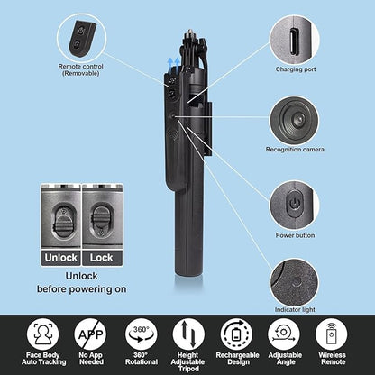 Extendable Auto Face Tracking Phone Tripod Stand, Compatible for Android/iPhone, 360° Rotation Selfie Sticks with Light, Smart AI Facial Recognition, Cameraman Shooting for Video, Vlog, Live Stream