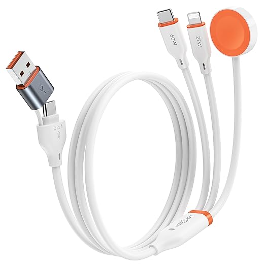 【60W 5FT】3-in-2 Multi Charging Cable for Apple Watch Charger, Travel Essentials Cruise Accessories, Nylon Braided USB C/L Fast Charger Cord for iWatch Ultra/SE/10-1, iPhone 17-12, PS5, Nintendo Switch