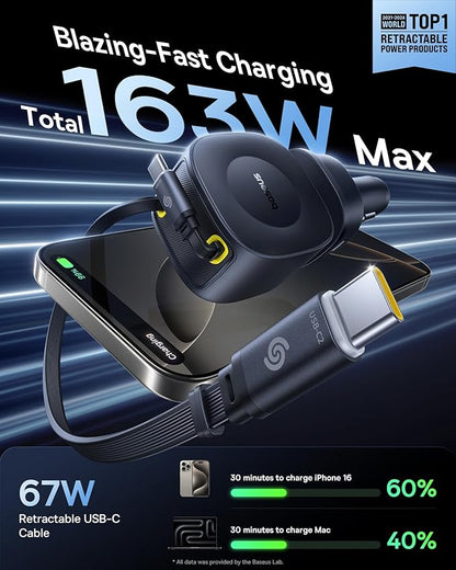 Baseus 163W Retractable Car Charger USB C Fast Charging, PrimeTrip VR2 Max 4 in 1 Fast Car Charger with Dual Retractable USB C Cable for iPhone 16 15 14 Pro Max, Samsung Galaxy S25 Ultra, Android