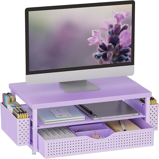 gianotter Monitor Stand Riser, Desk Organizer with Drawer and 2 Pen Holders, 2-Tier Workspace Organizer for Office Supplies
