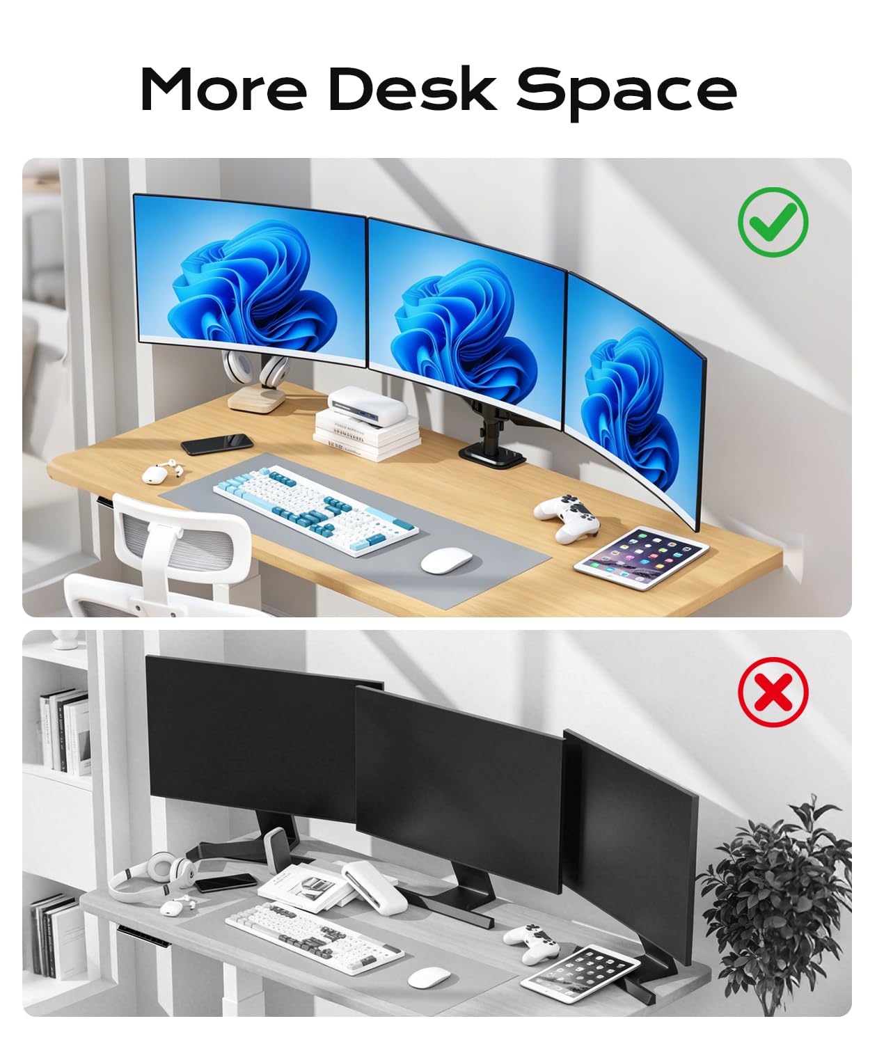 Pholiten Triple Monitor Mount for Desk, 2 Gas Spring Monitor Arms for 17-32 inches Screen, Fully Adjustable Heavy Duty Monitor Mount with Clamp & Grommet Mounting, Each Arm Holds 22 lbs
