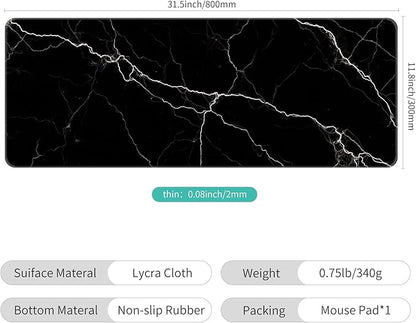 Dynippy Thin Extended Gaming Mouse Pad （31.5 * 11.8 * 0.08 inch） with Stitched Edges Large Mousepad Long XXL Keyboard and Mouse pad Desk Mat for Gaming Office & Home - Black White Marble