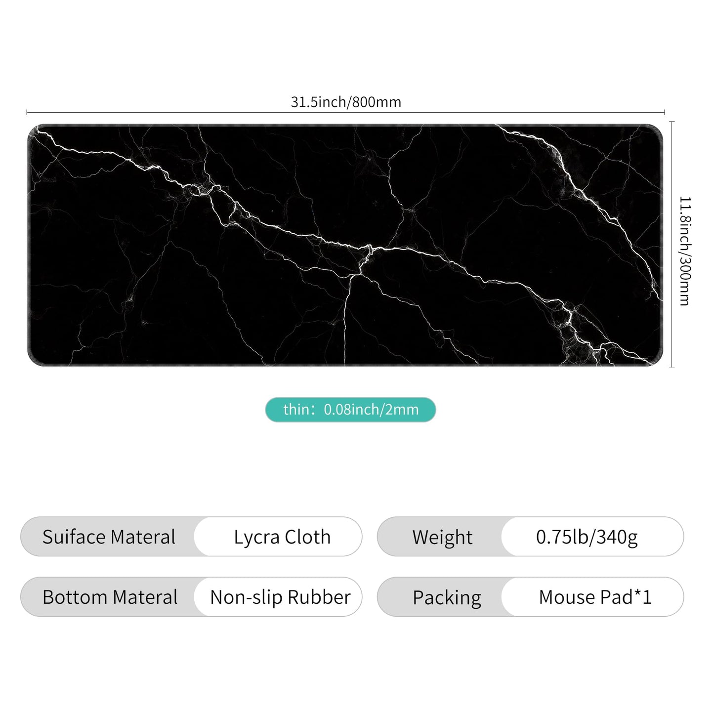 Dynippy Thin Extended Gaming Mouse Pad （31.5 * 11.8 * 0.08 inch） with Stitched Edges Large Mousepad Long XXL Keyboard and Mouse pad Desk Mat for Gaming Office & Home - Black White Marble