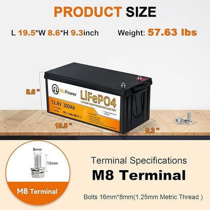 12V 300Ah Lithium Battery LiFePO4 Deep Cycle Battery,200A BMS,Up to 15000 Cycles,Perfect for RV, Home Storage,Marine,Solar Power System and Outdoor Camping.