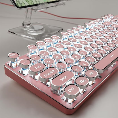 EWEADN TK100 Typewriter Keyboard Wired Mechanical Keyboard, 104 Keys Aesthetic Typewriter Keyboards with White Backlit, Anti-Ghosting, Blue Switch Wired Cute Keyboards-Pink