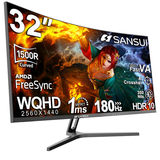 SANSUI 27 Inch Curved Gaming Monitor 200Hz 1ms with Speakers FHD 1080P Computer Monitor FreeSync|1500R|130% sRGB|HDR|Low Blue Light|HDMI DP Ports|VESA Mount|Metal Stand(HDMI Cable Incl.)