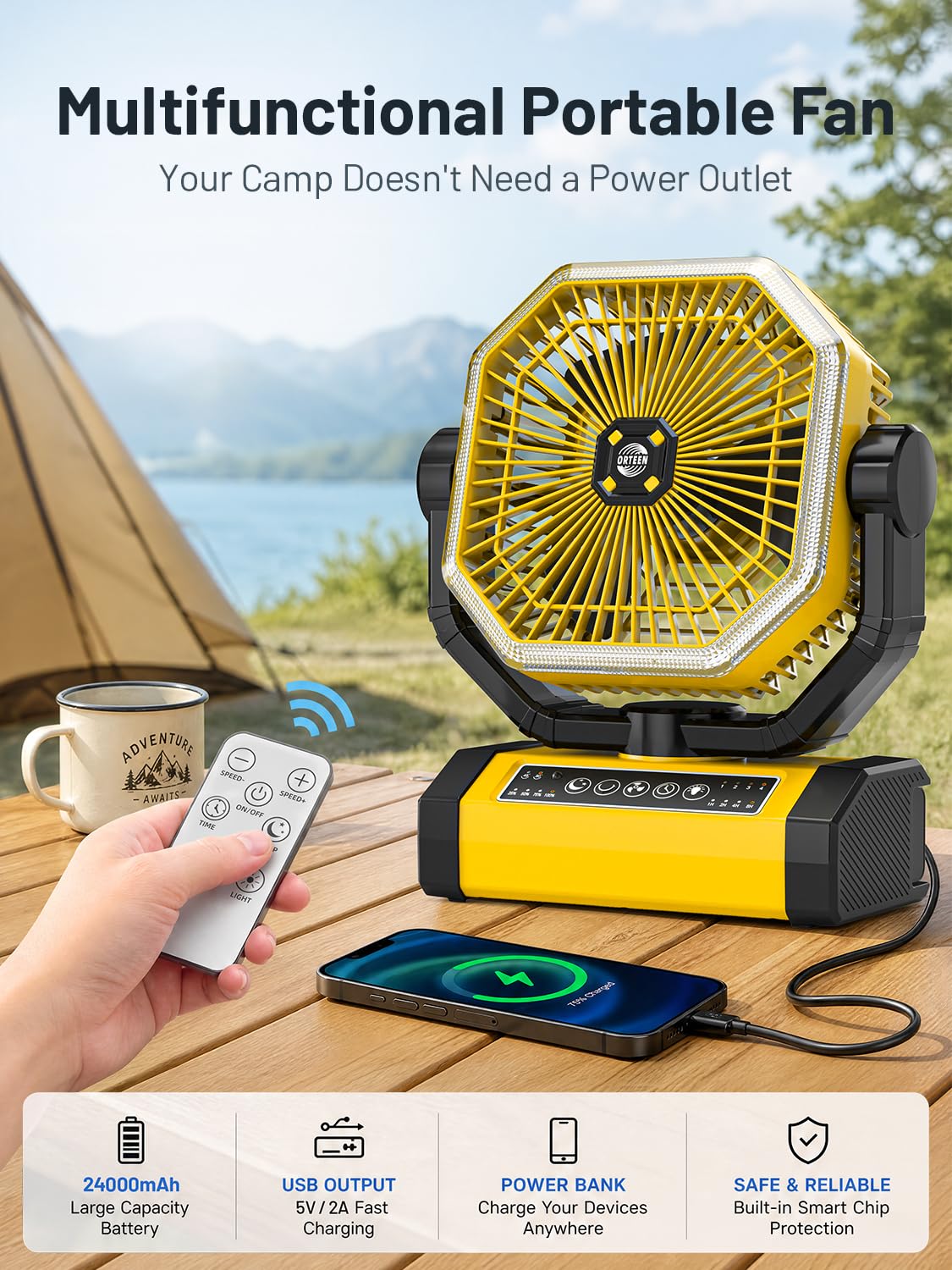 Battery Powered Fan - 9-Inch Rechargeable Fan Portable, 24000mAh(60Hrs) Camping Fans for Tent, Auto Oscillation Cordless, Tent Fans for Camping with Remote/light, 4 Speeds, 4 Timing, Outdoor, Yellow