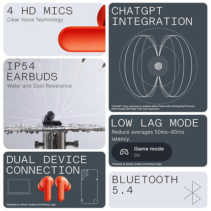 CMF Buds 2a Wireless Earbuds 2025 New Active Noise Cancelling 42dB Hybrid ANC Bluetooth Headphones, 12.4mm Dynamic Driver for Big Bass, 4 Mics Clear Calls, Sport Ear Buds for iPhone, Android, Orange