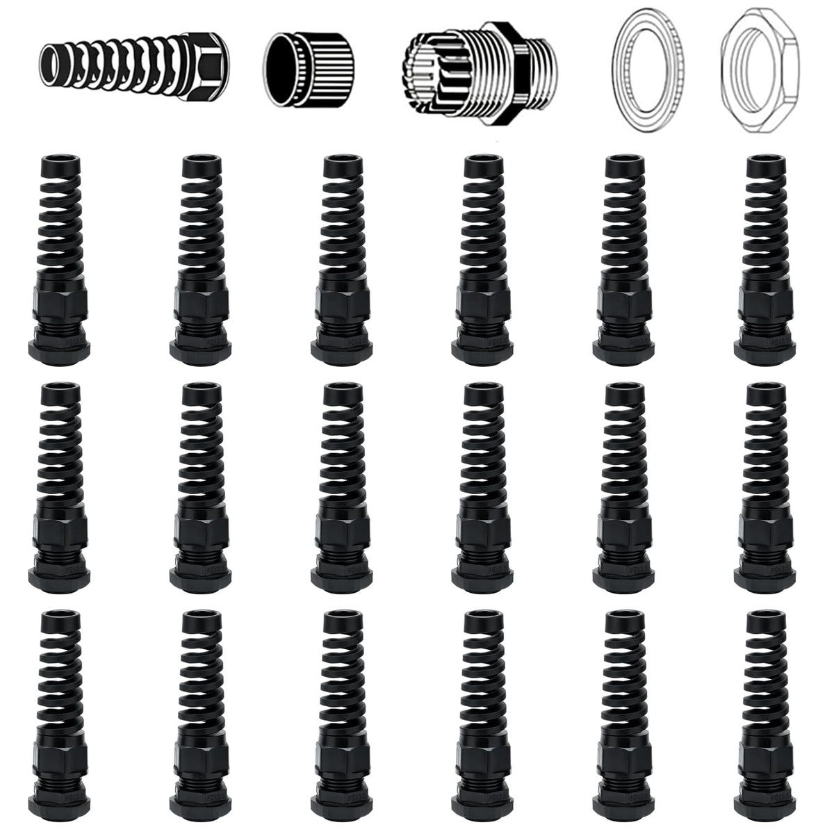 38 Pcs PG7~21 Kit Cable Gland 3-18mm Nylon Strain Relief Spring IP68 PA66