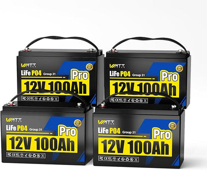 4Pack 12V 100Ah LiFePO4 Lithium Battery, BCI Group 31,Deep Cycle Up to 15000 Cycles, 110A BMS, Low Temperature Protection, 10 Years Lifespan, Perfect for RV/Home Energy Storage