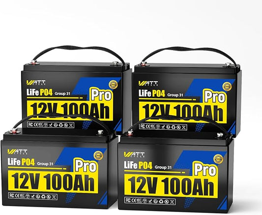4Pack 12V 100Ah LiFePO4 Lithium Battery, BCI Group 31,Deep Cycle Up to 15000 Cycles, 110A BMS, Low Temperature Protection, 10 Years Lifespan, Perfect for RV/Home Energy Storage