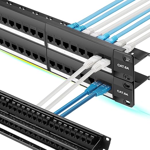Rapink Patch Panel 48 Port Cat6A with Inline Keystone 10G Support, Pass-Thru Coupler UTP 19-Inch with Removable Back Bar, 2U Network Patch Panel for Cat6A,Cat6, Cat5e, Cat5 Cabling