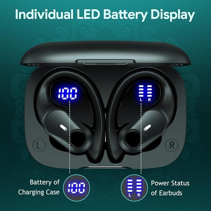GOLREX Active Noise Cancelling Ear Buds Wireless Earbuds Bluetooth Headphones with 80H Playtime LED Display Wireless Charging Case, Over-Ear Hooks Earbud for Sports Running Gym Workout Black