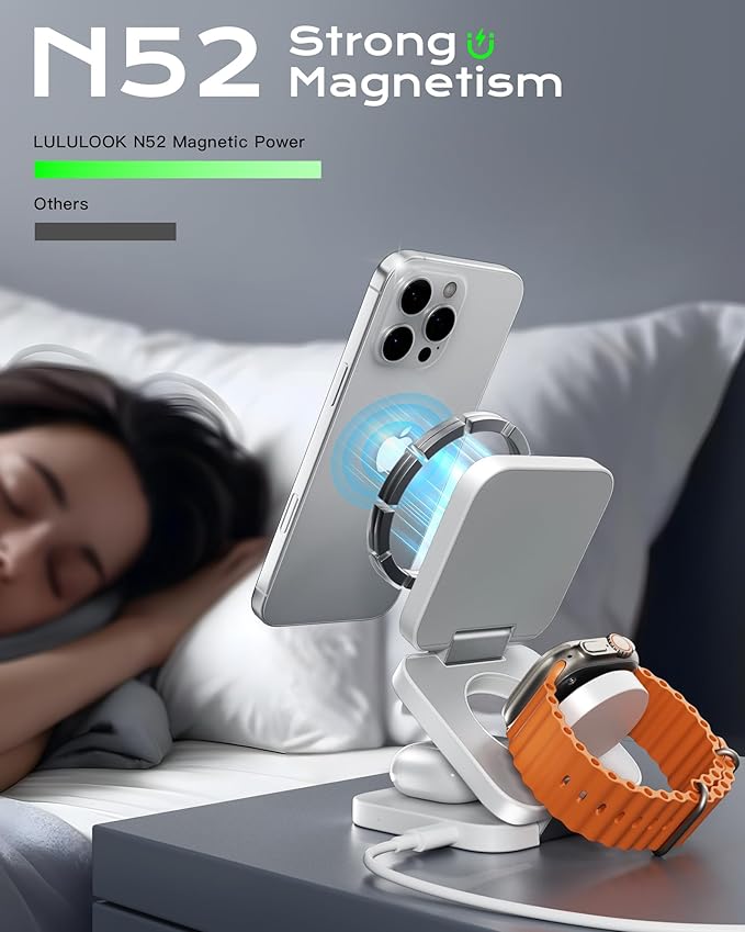 Qi2 Certified 3 in 1 Travel Charger MagSafe Compatible, Upgraded Foldable Wireless Charger Stand, Mag-Safe 3 in 1 Charging Station,15W Fast Charging for iPhone 17/16/15/14/13/12, Apple Watch, AirPods