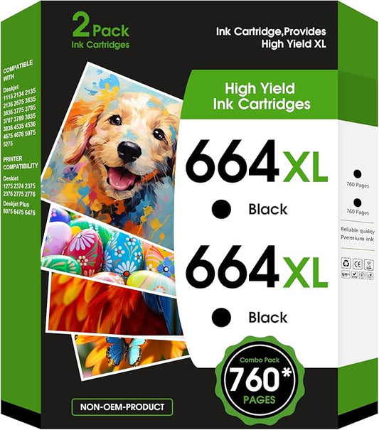 fannster 664XL Ink Cartridge Replacement for 664 664XL 664 XL Ink Cartridges Black for DeskJet Ink Advantage 1115 2135 2138 3635 3636 3638 4535 4536 4538 4675 4676 4678 Printer Ink 2 Black