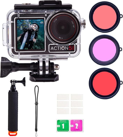 Waterproof Case for DJI Osmo Action 5 Pro/4/3 with 3 Pack Dive Filters, 196FT/60M Underwater Protective Housing Dive Kit, Professional Action Camera Dive Accessory