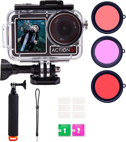 Waterproof Case for DJI Osmo Action 5 Pro/4/3 with 3 Pack Dive Filters, 196FT/60M Underwater Protective Housing Dive Kit, Professional Action Camera Dive Accessory