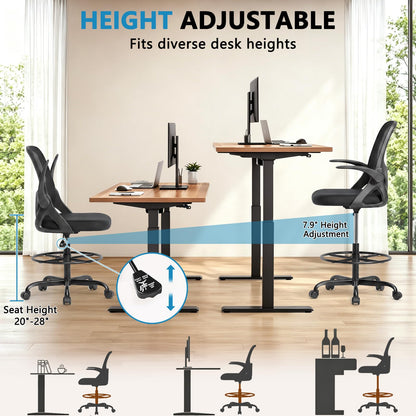 Kensaker Drafting Chair Tall Office Chair, Ergonomic Standing Desk Chair with Adjustable Foot Ring and Flip-up Armrests, Mesh Computer Chair for Art Studio, 300 LBS, Black