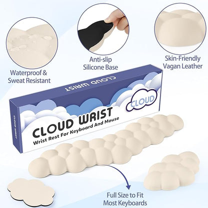 Cloud Wrist Rest for Keyboard and Mouse, Memory Foam PU Leather Keyboard Wrist Rest with Ergonomic Support, Non-Slip Base, Cute Arm Rest Pad & Palm Cushion, Office Desk Accessory, Beige