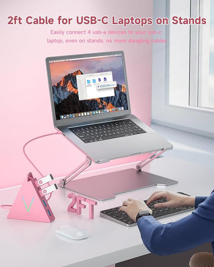 USB C Hub, Type C to 4 USB 3.0 Ports with 2 FT Extension Cables,Thunderbolt to USB Hub Adapter for iPad Pro/Air, MacBook Pro, Mac mini, iMac, Surface,XPS, Mouse, External Hard Drives(Pink)