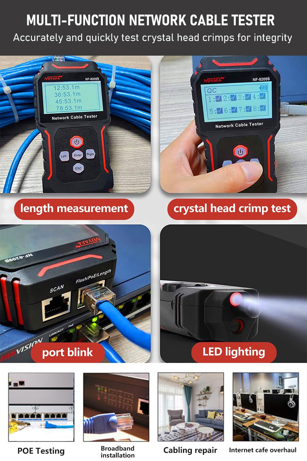 NF-8209S Network Cable Tester,Ethernet Toner for POE/Cat5/Cat7/Cat6a/Cat6