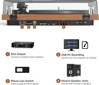 Record Player Turntable with 40W Speakers and Bluetooth Output Input for Vinyl Records,Vinyl Record Player with Built-in Preamp,AT-3600L Cartridge,USB Record,Pitch and Counterweight