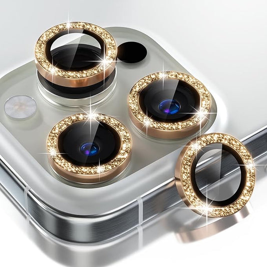 Choiche Compatible for iPhone 16 Pro/iPhone 16 Pro Max Camera Lens Protector Bling, 9H Tempered Glass Camera Cover Screen Protector Metal Ring Decoration Accessories (Glitter-Gold)