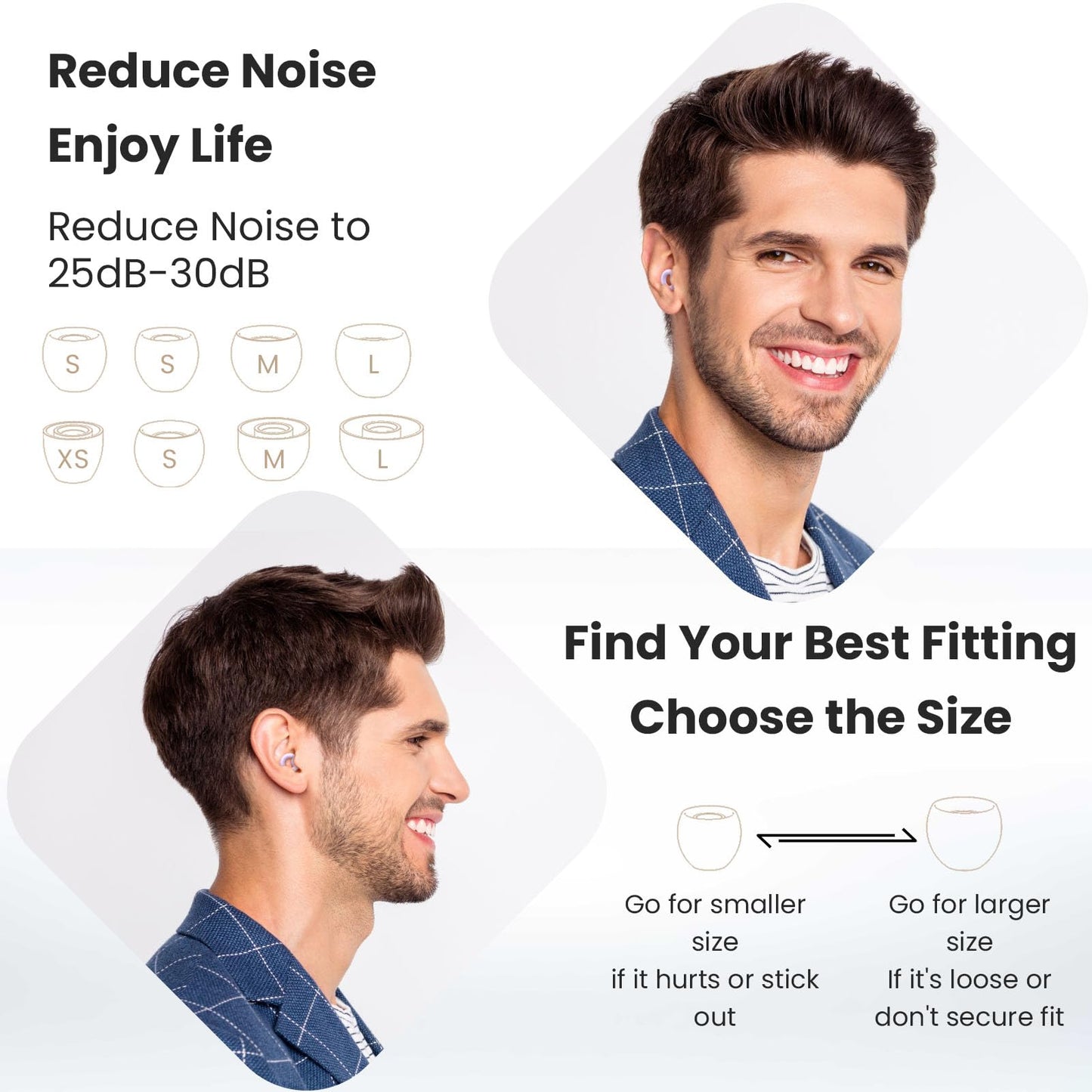JUSTRVN Ear Plugs for Sleeping, 2 Pairs of Reusable Earplugs for Noise Reduction 25dB-30dB with 8 Ear Tips, Soft Hearing Protection Ear Plugs for Concert,Noise Sensitivity, Study & Work