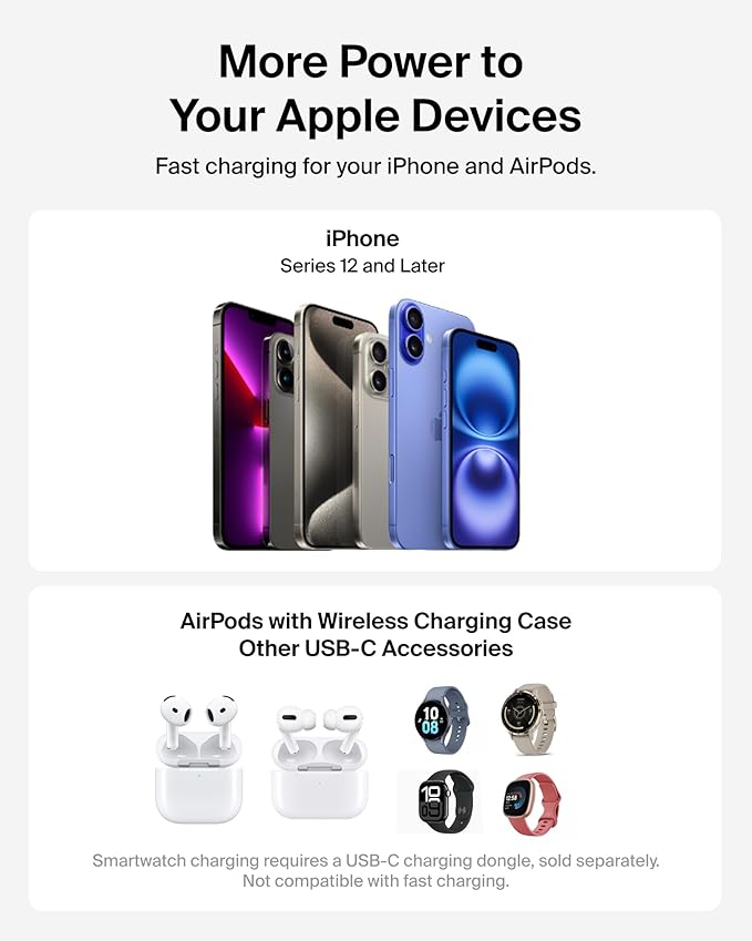 Belkin MagSafe Charger Compatible, 2-in-1 Charging Station, Qi2.2 25W Magnetic Wireless Charger Dock, Foldable Stand, with 5W USB-C Port, for iPhone 16/15/14, AirPods (45W Adapter Included)