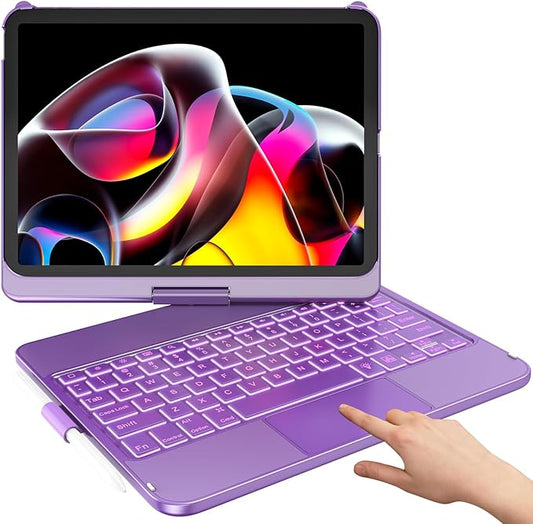 HOTLIFE for iPad A16 11th Generation/10th Generation Case with Keyboard,Touch Keyboard for iPad 11" /10th Gen 10.9 inch 2022-10 Color Backlight, 360° Rotatable Protective Cover (Purple)