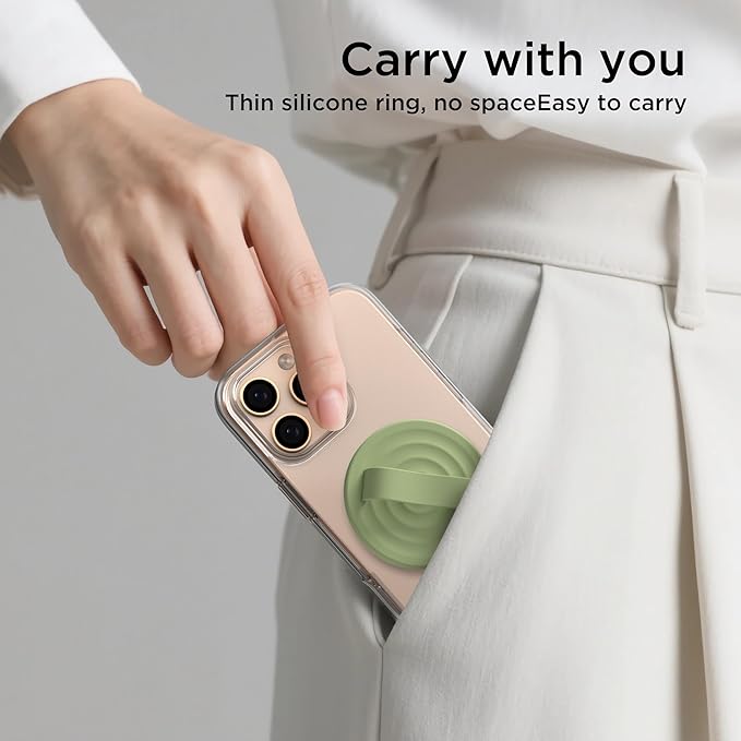 Magnetic Phone Ring Grip Holder, Silicone Finger Loop Grip, Compatible with MasSafe, Back of Phone for iPhone Pro Max/Plus/16/15/15/14/13/12 Series, Tea Green