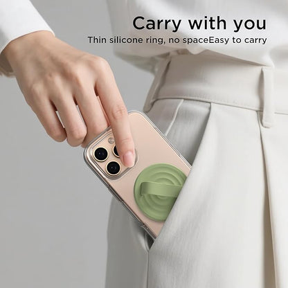 Magnetic Phone Ring Grip Holder, Silicone Finger Loop Grip, Compatible with MasSafe, Back of Phone for iPhone Pro Max/Plus/16/15/15/14/13/12 Series, Tea Green