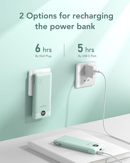 VEGER Portable Charger for iPhone with Built in Cables and Wall Plug, 10000mah Slim Fast Charging USB C Power Bank, Travel Essential Battery Pack Compatible with iPhone, iPad, Samsung etc(Green)