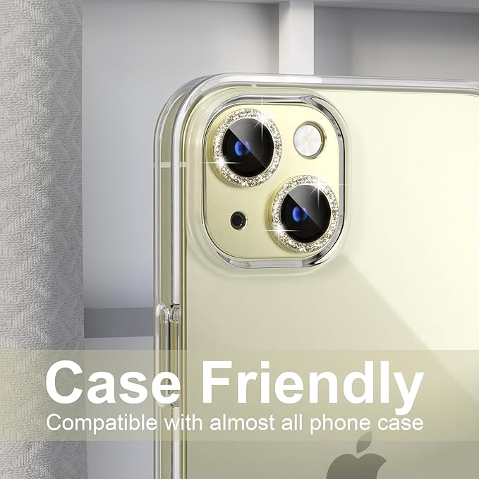 beuxece for iPhone 15/iPhone 15Plus Camera Lens Proprotector, Metal Camera Screen Proprotector Cover Accessories, Case Friendly, HD Tempered Glass,Drop Protection, Easy to Install,Yellow