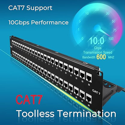 Rapink 48 Port Cat7 Patch Panel with Inline Keystone 10G Support, 19-Inch STP Shielded Coupler, 2U Network Patch Panel for Cat7, Cat6, Cat6A, Cat5e Cabling