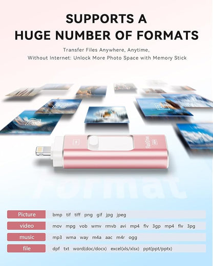 Apple MFi Certified 256GB Flash Drive for iPhone Thumb Drive Photo Stick, USB Memory Stick iPhone Flash Drive for Photos Videos, High Speed Jump Drive Compatible for iPhone/iPad/Android/PC (Pink)
