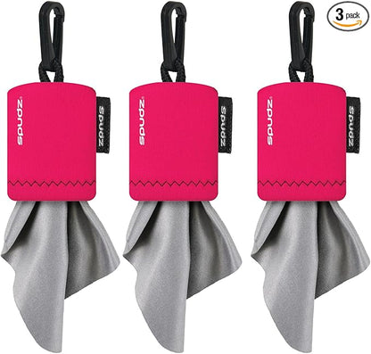 SPUDZ Classic Microfiber Lens Cleaner – Clip-On Pouch, Washable – for Binoculars, Scopes, Glasses, Screens | Pink, 6 x 6 Inch (3-Pack)
