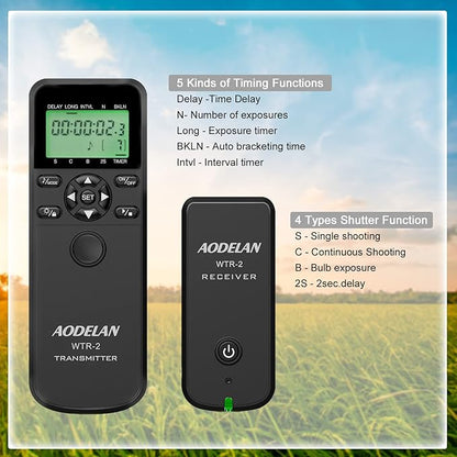 AODELAN Wireless Remote Control Shutter Release Timer intervalometer for Canon EOS RP, 90D, 80D, Rebel T6, SL2, 6D II, 5D IV, SX70 HS; Fujifilm GFX 50R, X-T3; Olympus OM-D E-M1 Mark II; Pentax K-1 II