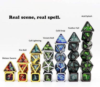 Haxtec Metal Dice Set D&D Acid Splash Real Scene Black Green Polyhedral DND Dice W/PU Leather Dragon Eye Dice Bag for TTRPG Compatible with Dungeons and Dragons Gifts