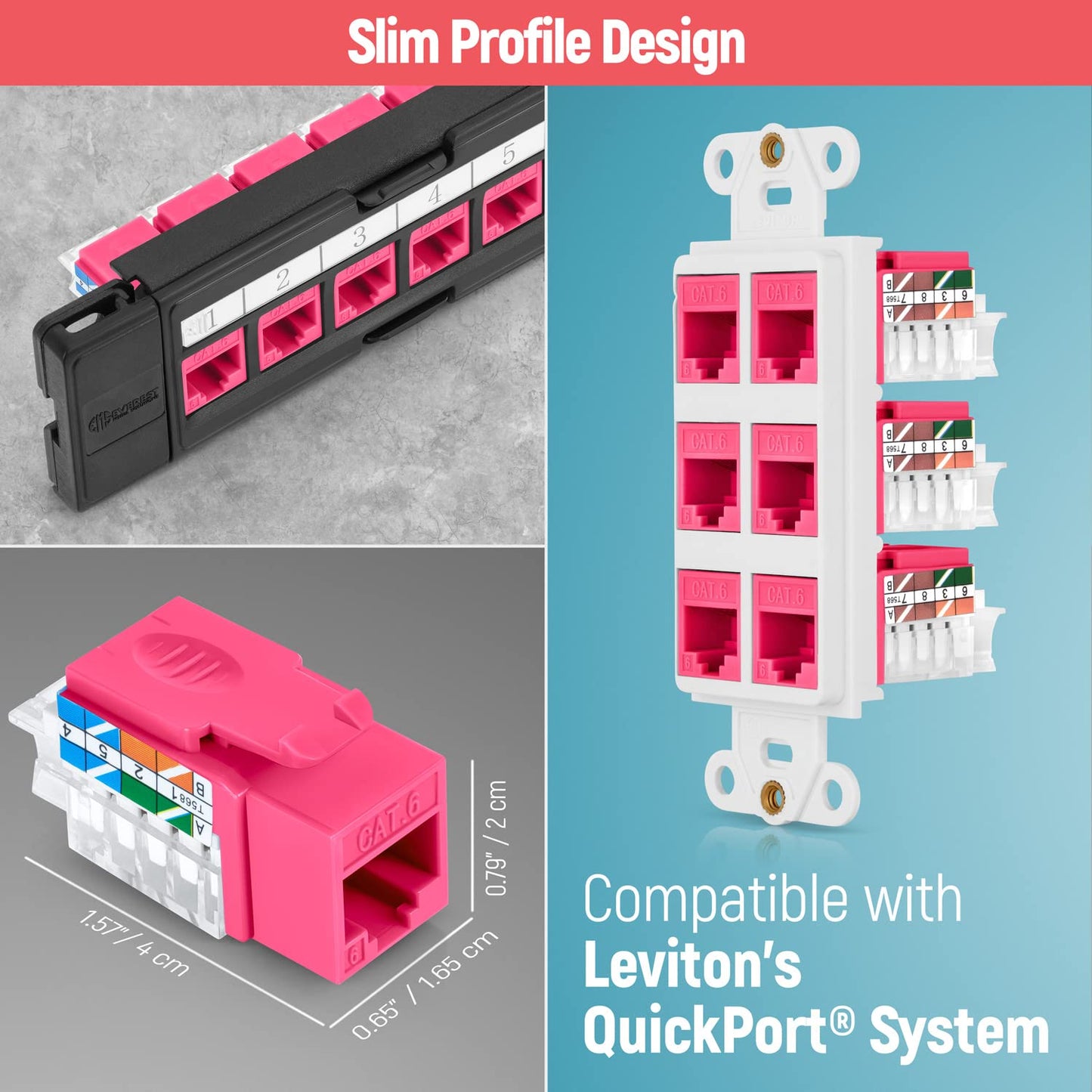 Everest 45 Degree RJ45 Cat6 Keystone Jacks Slim Profile 50-Pack Pink